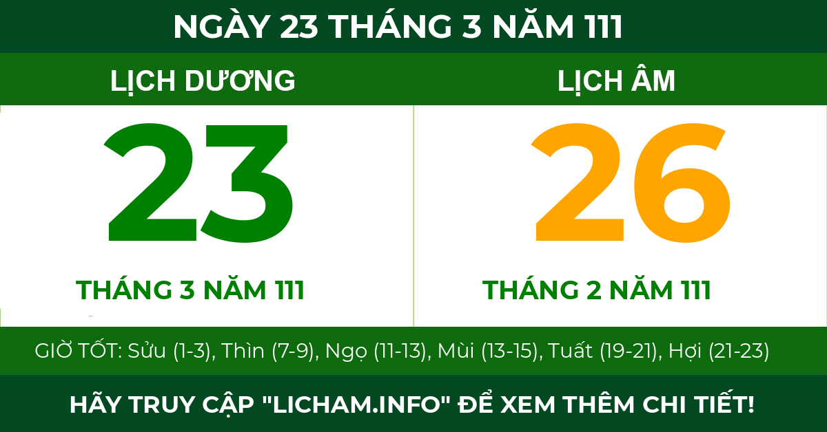 lịch âm ngày 23 tháng 3 năm 111