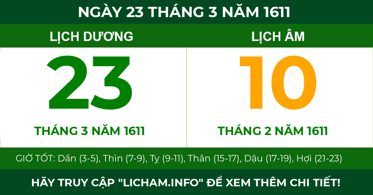 lịch âm ngày 23 tháng 3 năm 1611