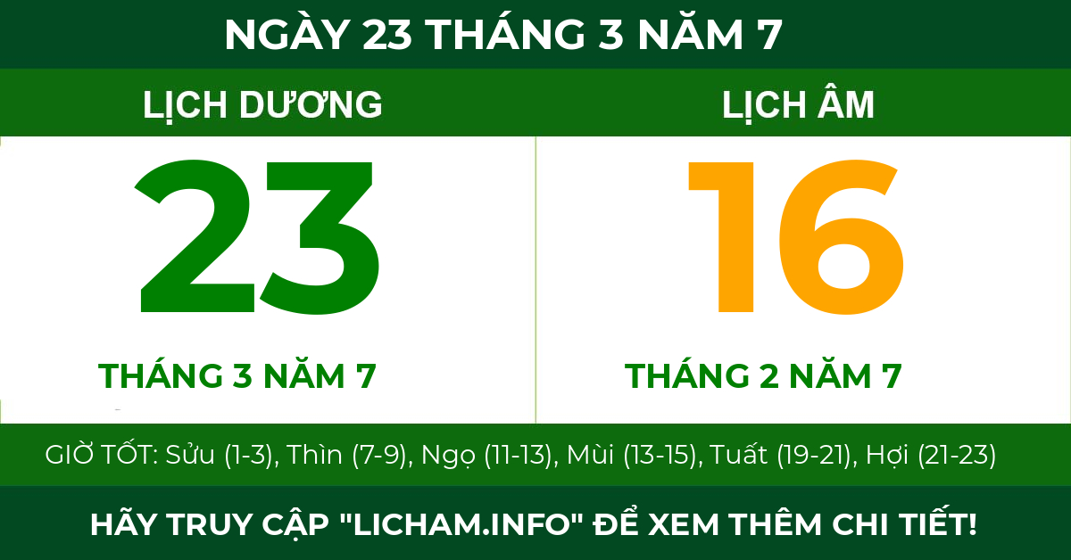 lịch âm ngày 23 tháng 3 năm 7
