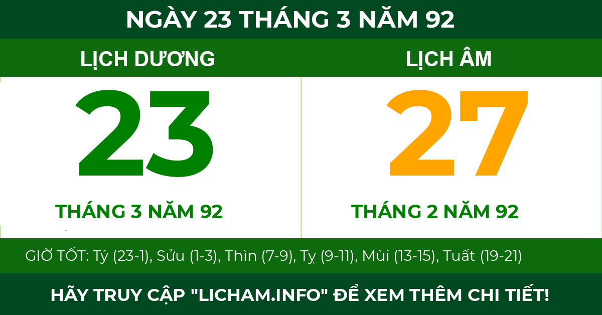 lịch âm ngày 23 tháng 3 năm 92