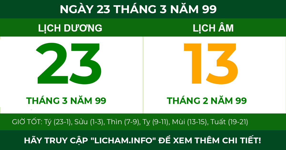 lịch âm ngày 23 tháng 3 năm 99