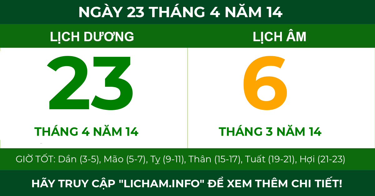 lịch âm ngày 23 tháng 4 năm 14