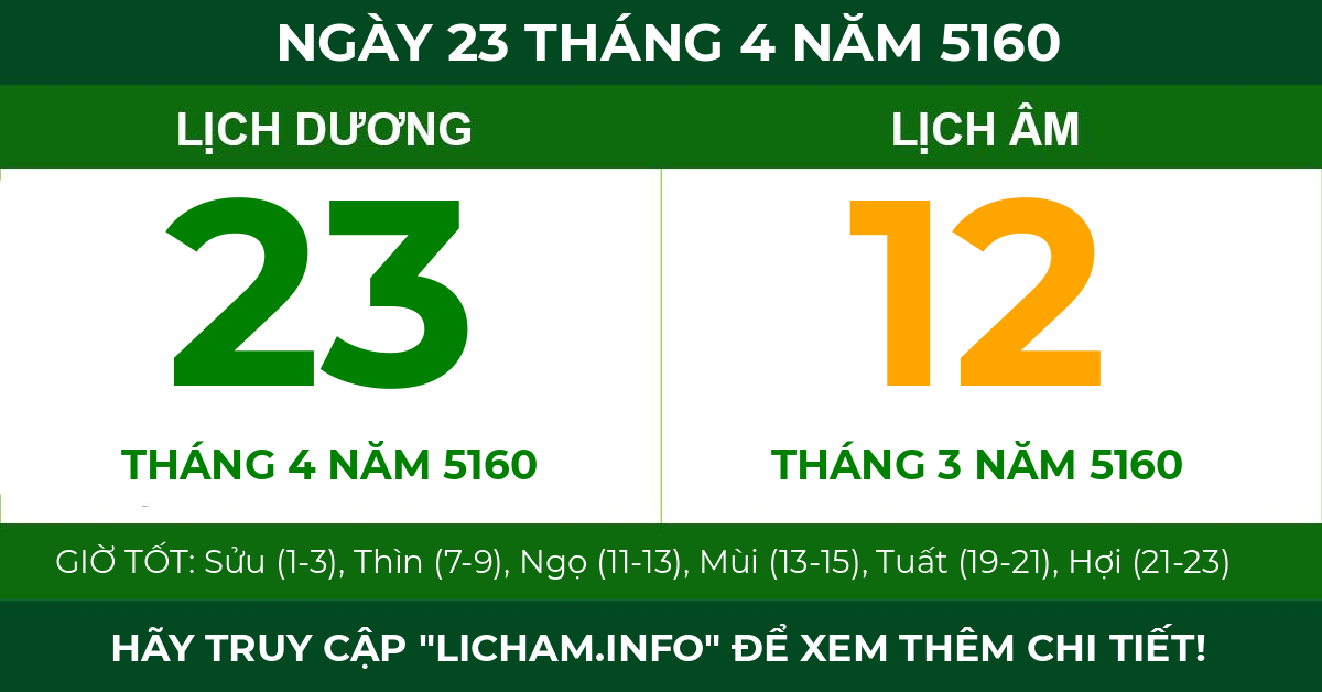 lịch âm ngày 23 tháng 4 năm 5160