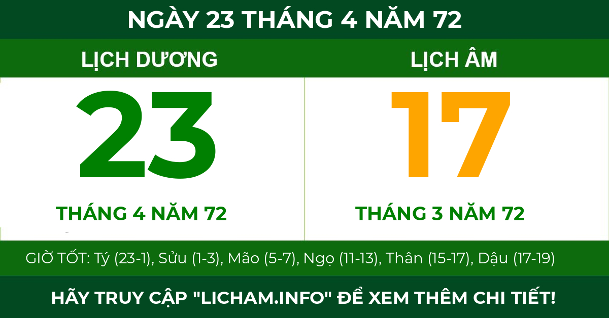 lịch âm ngày 23 tháng 4 năm 72
