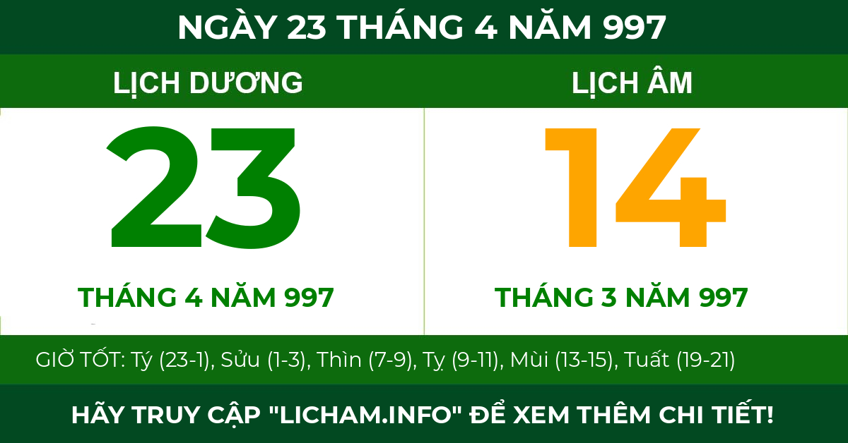 lịch âm ngày 23 tháng 4 năm 997