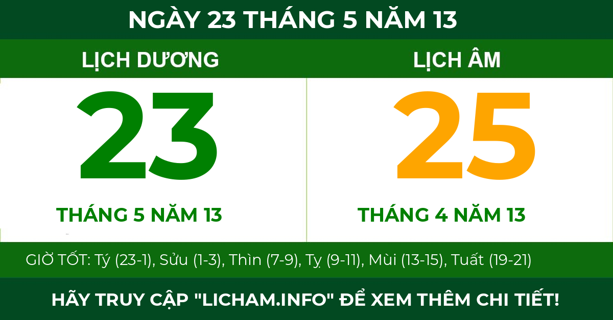 lịch âm ngày 23 tháng 5 năm 13