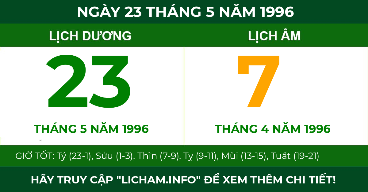 lịch âm ngày 23 tháng 5 năm 1996