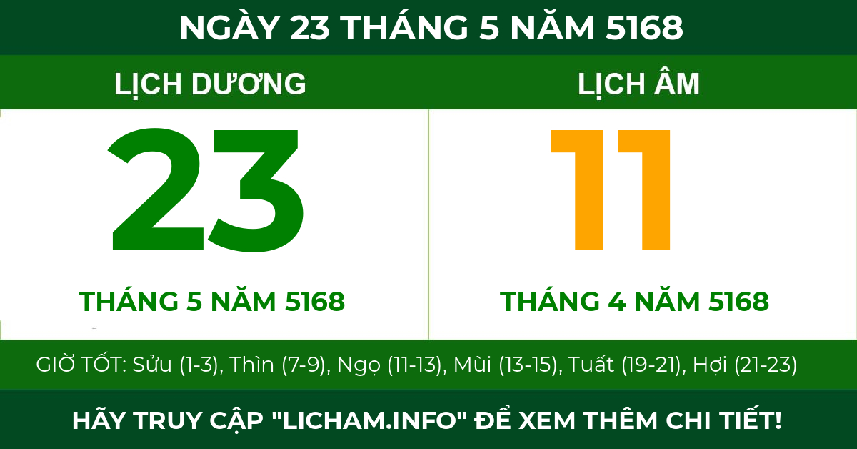 lịch âm ngày 23 tháng 5 năm 5168
