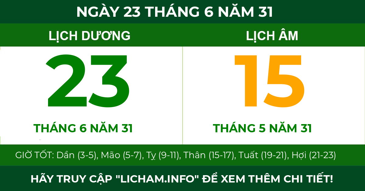 lịch âm ngày 23 tháng 6 năm 31
