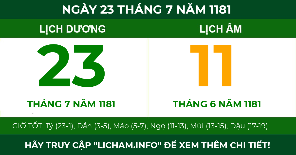 lịch âm ngày 23 tháng 7 năm 1181