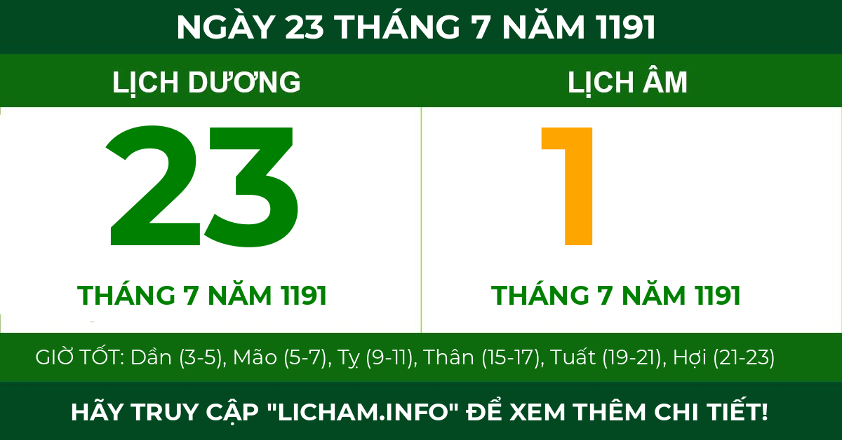 lịch âm ngày 23 tháng 7 năm 1191
