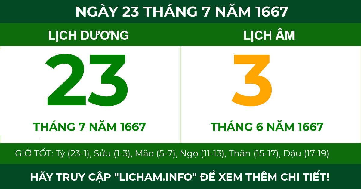 lịch âm ngày 23 tháng 7 năm 1667