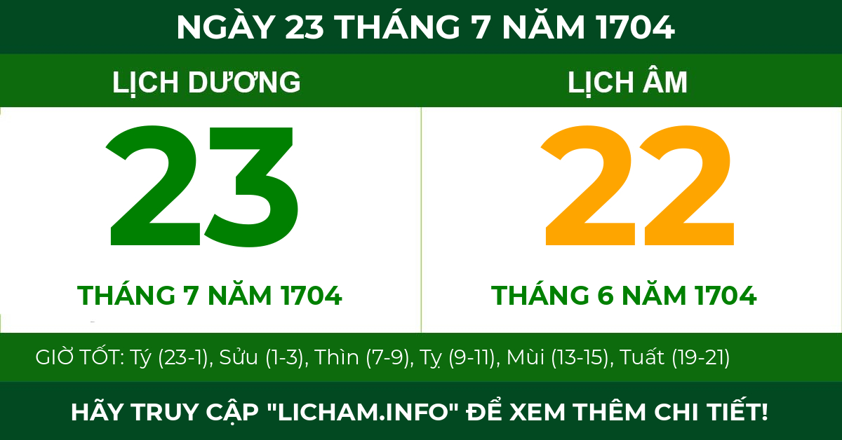 lịch âm ngày 23 tháng 7 năm 1704