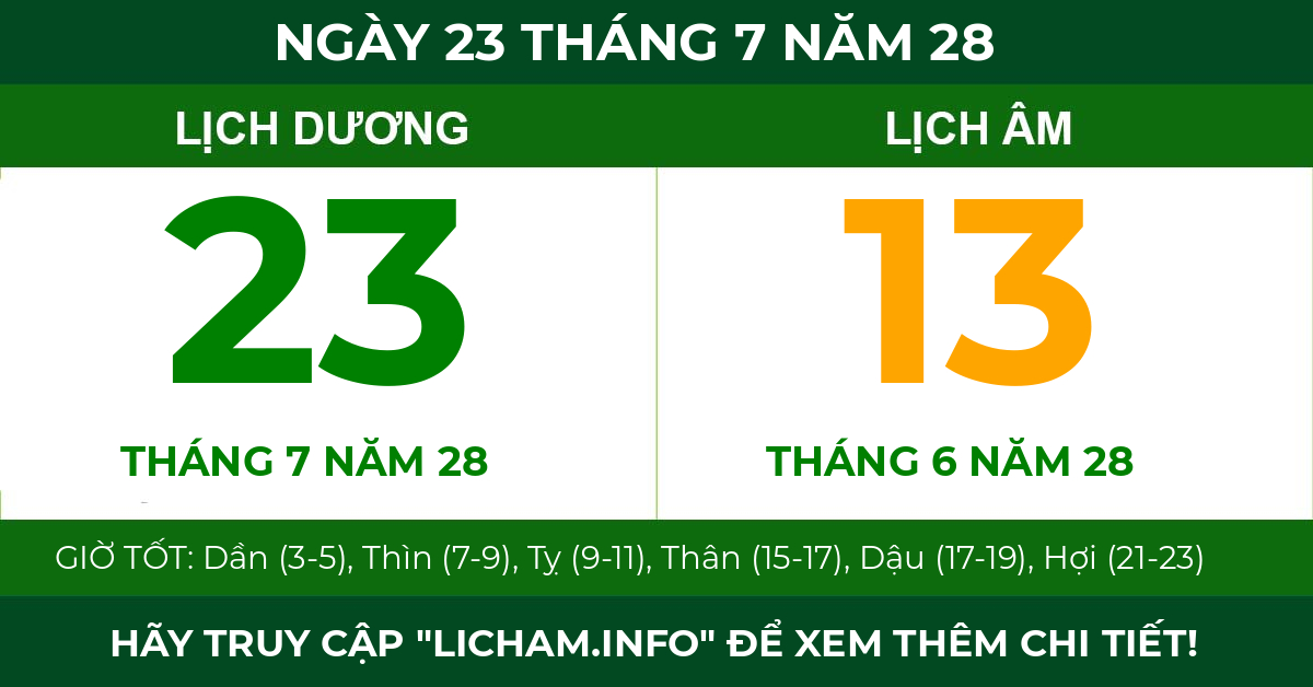 lịch âm ngày 23 tháng 7 năm 28