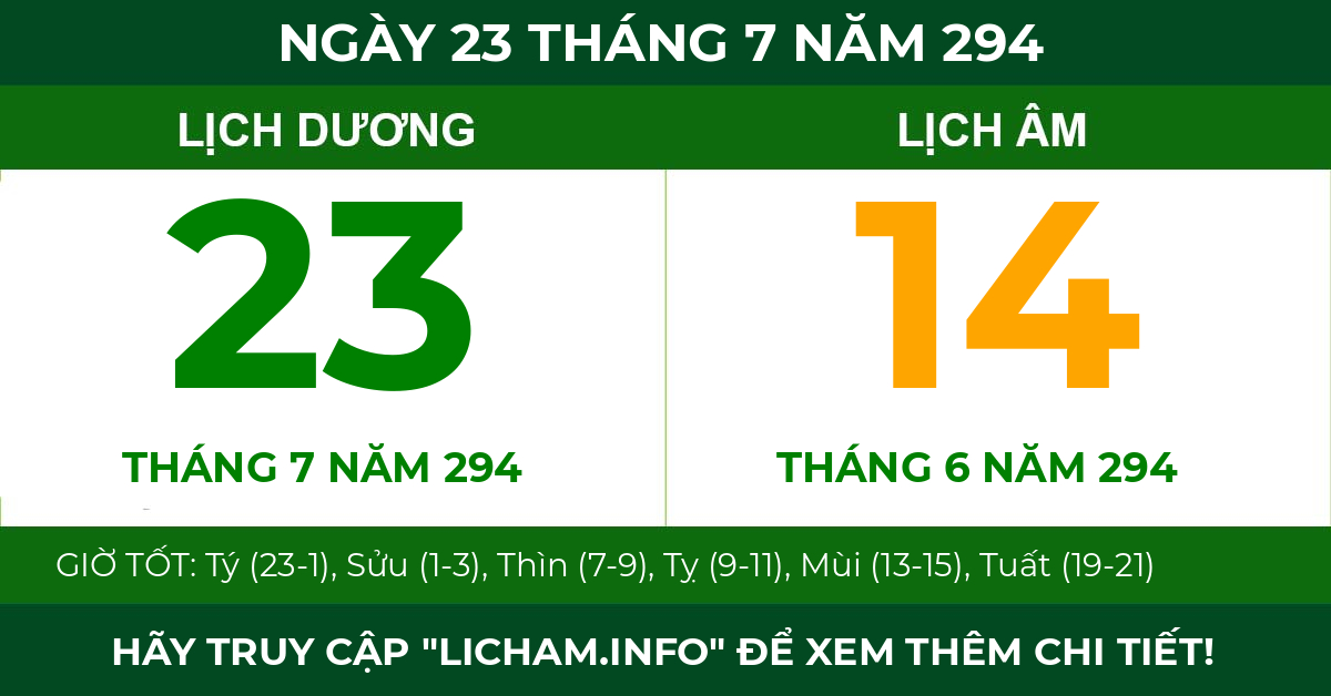 lịch âm ngày 23 tháng 7 năm 294