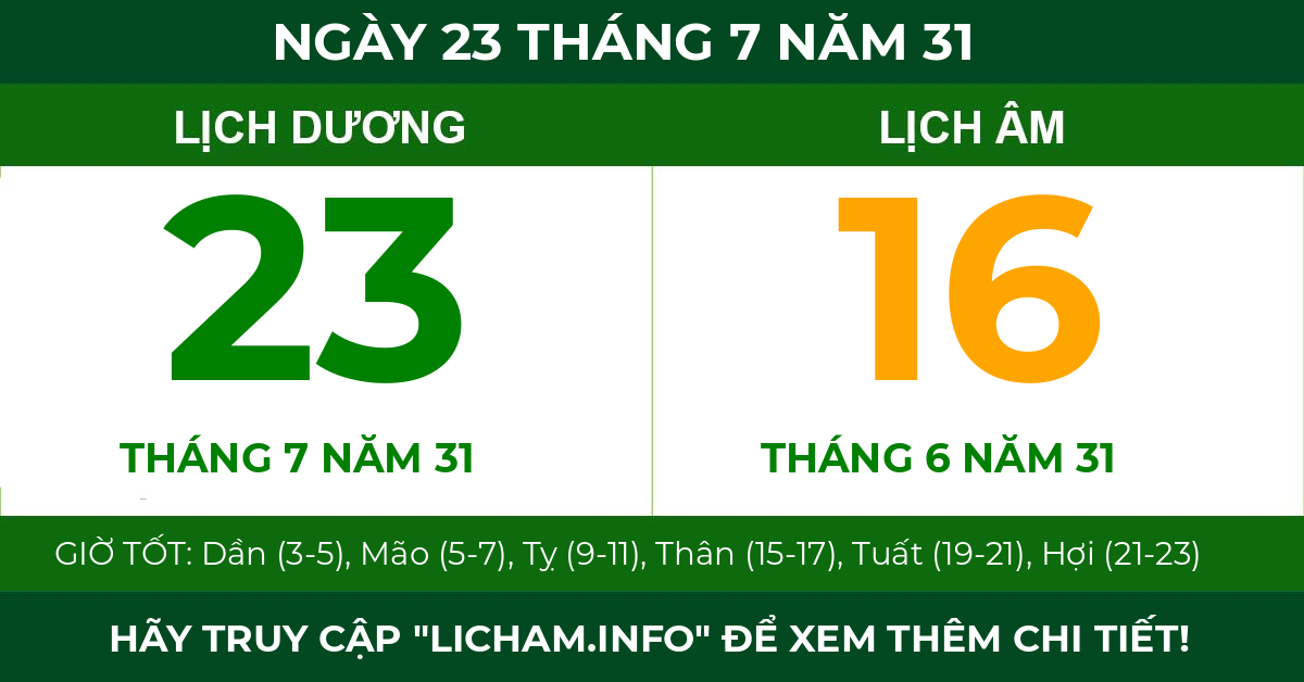lịch âm ngày 23 tháng 7 năm 31