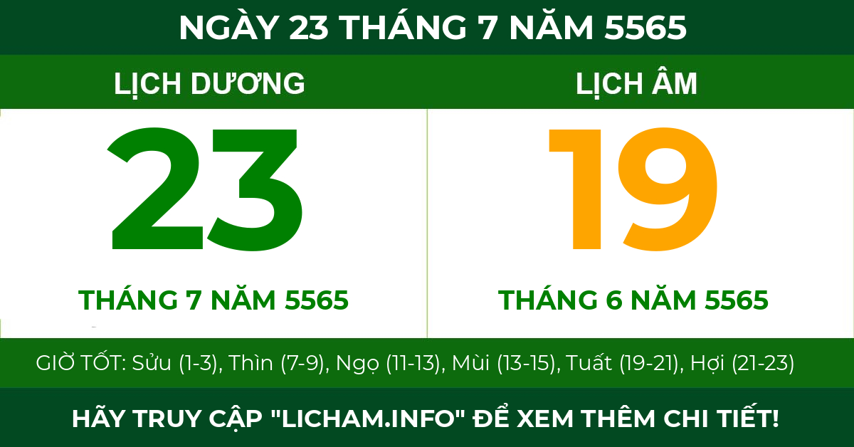 lịch âm ngày 23 tháng 7 năm 5565