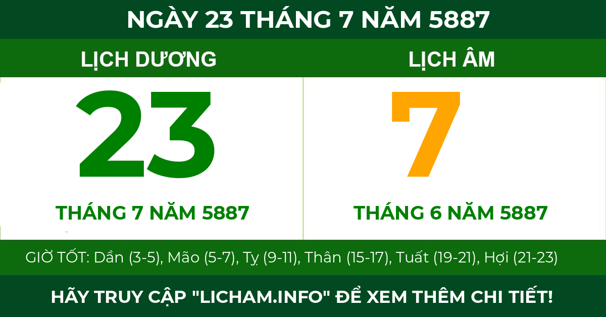 lịch âm ngày 23 tháng 7 năm 5887