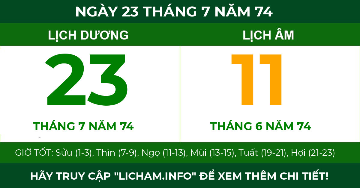 lịch âm ngày 23 tháng 7 năm 74