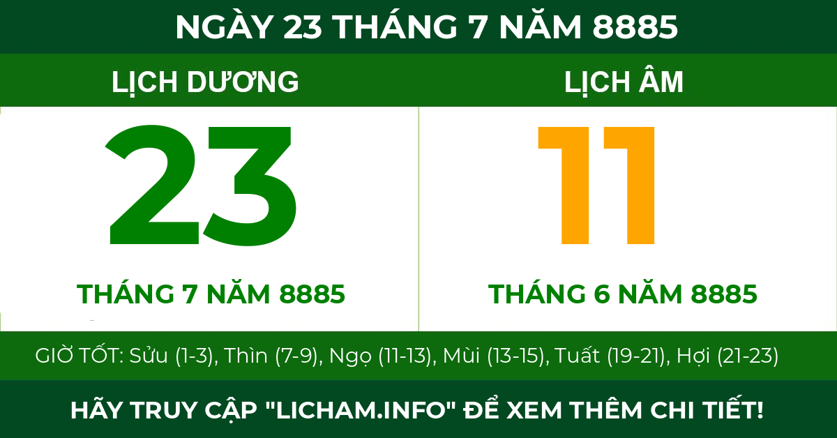 lịch âm ngày 23 tháng 7 năm 8885