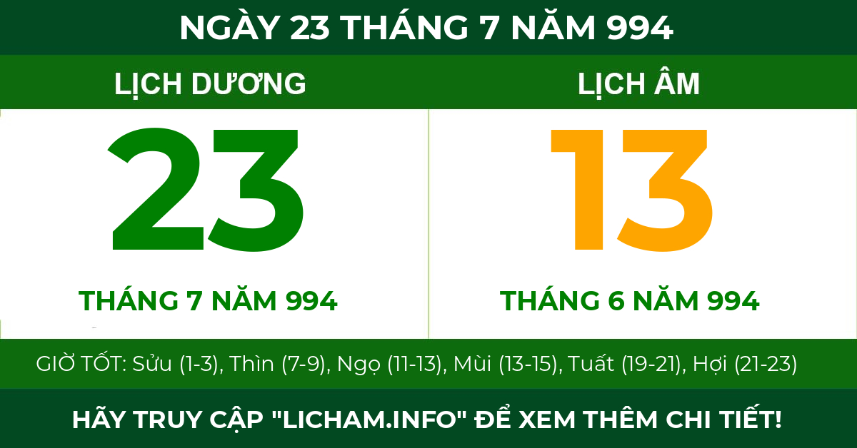 lịch âm ngày 23 tháng 7 năm 994