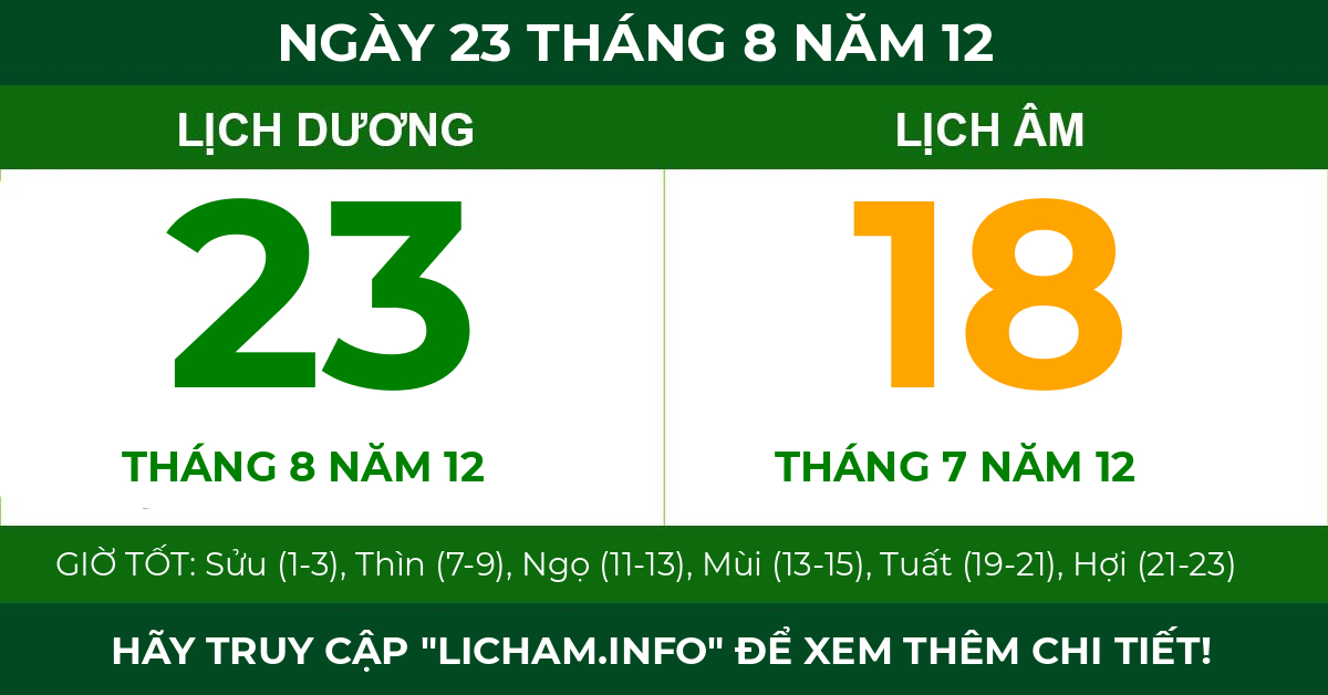 lịch âm ngày 23 tháng 8 năm 12