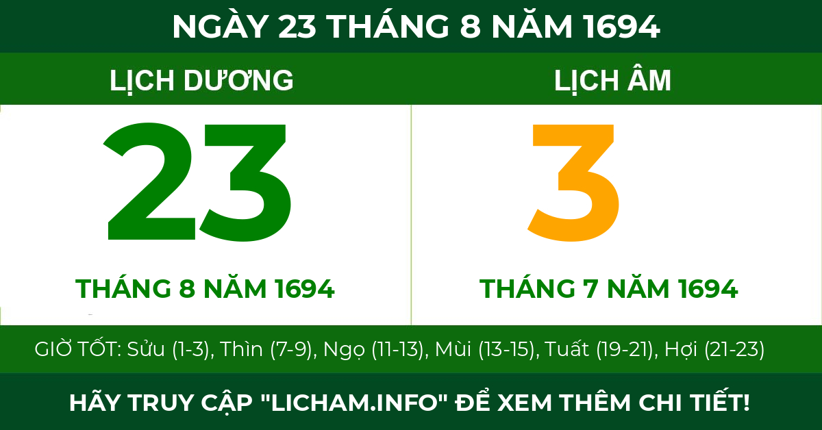 lịch âm ngày 23 tháng 8 năm 1694