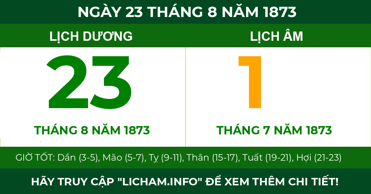 lịch âm ngày 23 tháng 8 năm 1873