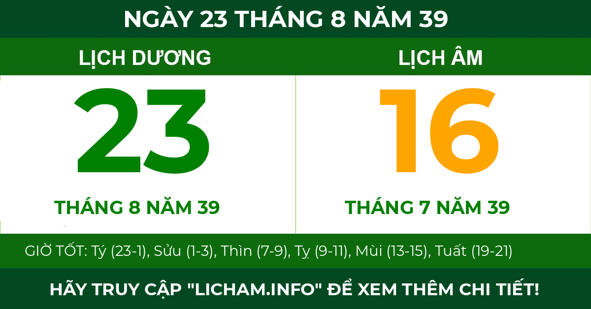 lịch âm ngày 23 tháng 8 năm 39