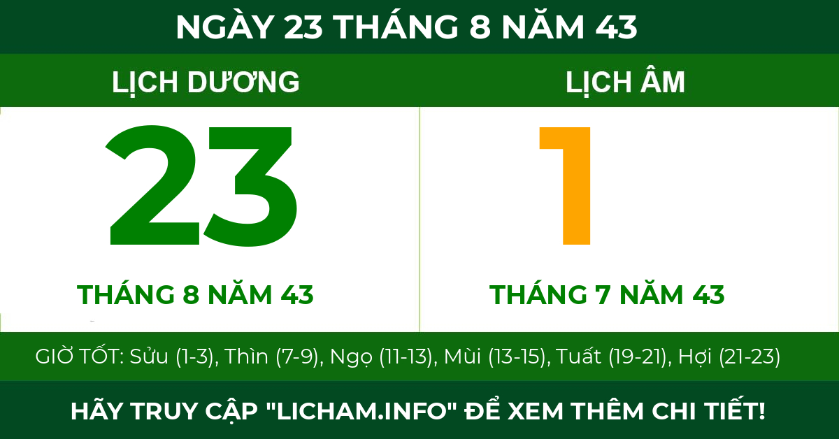 lịch âm ngày 23 tháng 8 năm 43