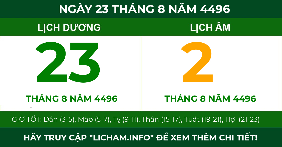 lịch âm ngày 23 tháng 8 năm 4496