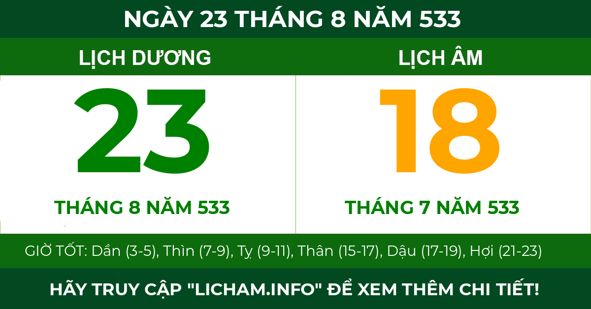 lịch âm ngày 23 tháng 8 năm 533