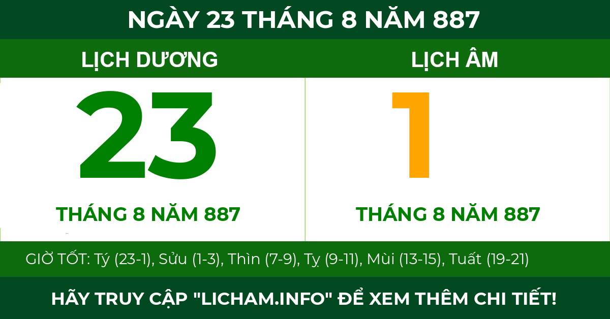 lịch âm ngày 23 tháng 8 năm 887