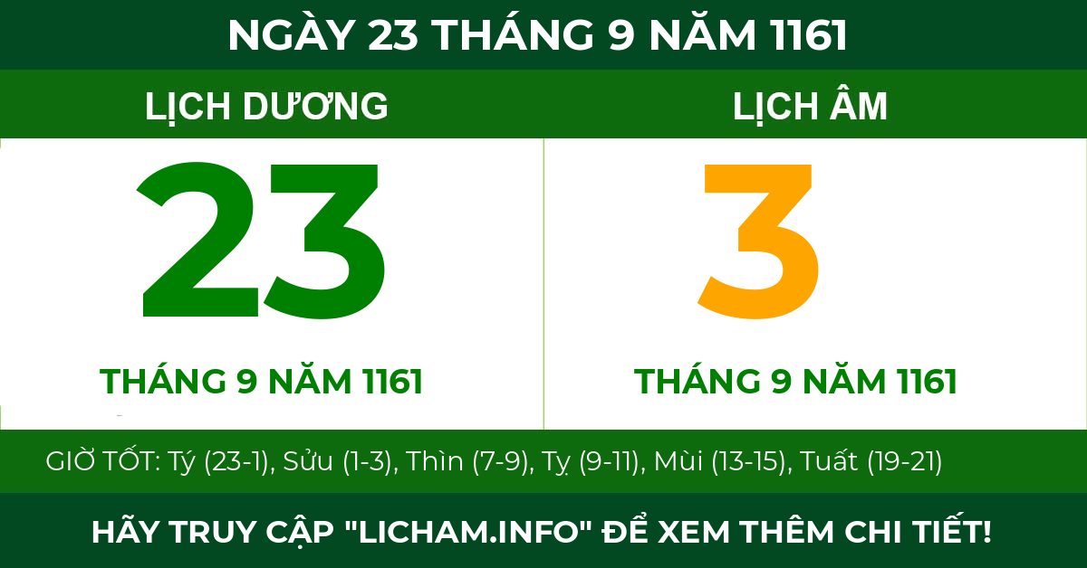 lịch âm ngày 23 tháng 9 năm 1161