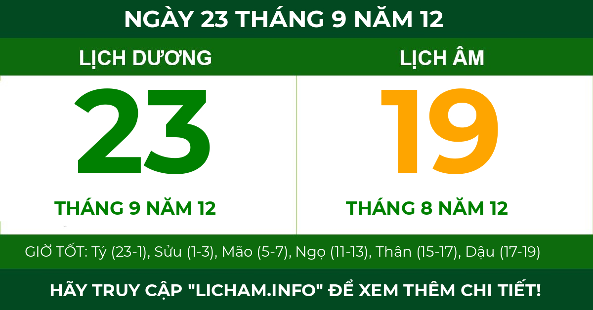 lịch âm ngày 23 tháng 9 năm 12
