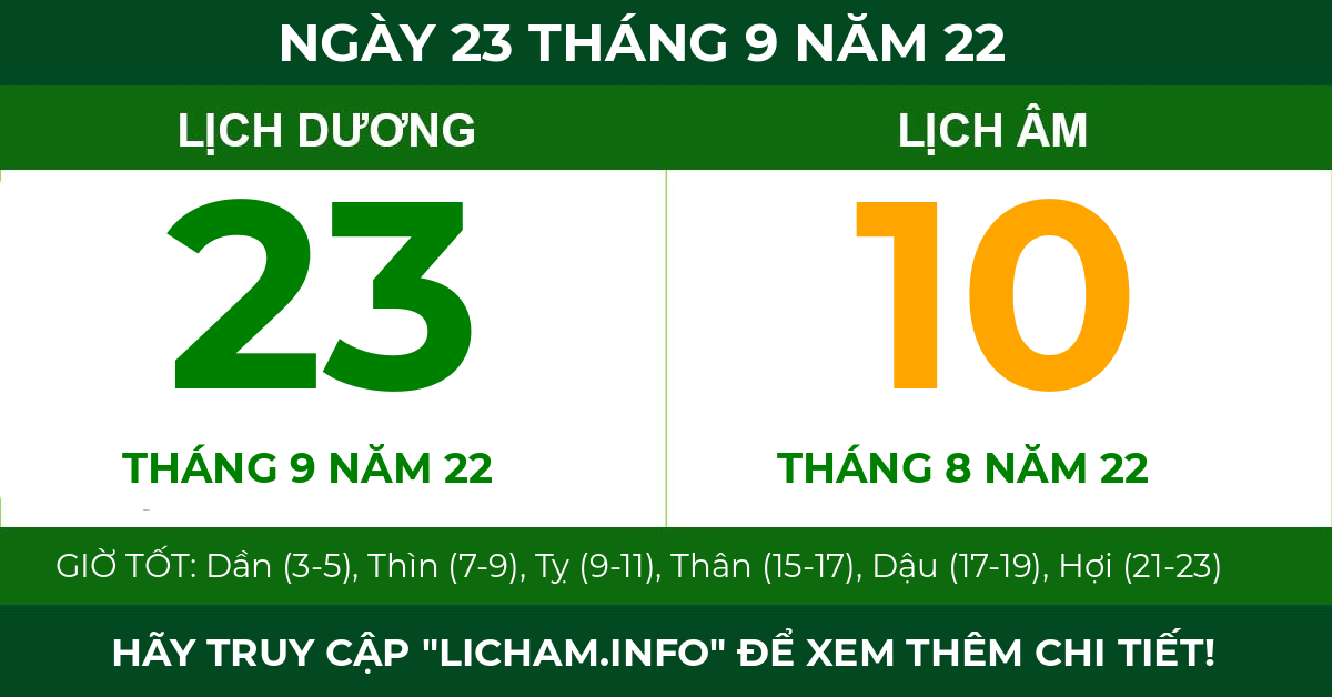 lịch âm ngày 23 tháng 9 năm 22