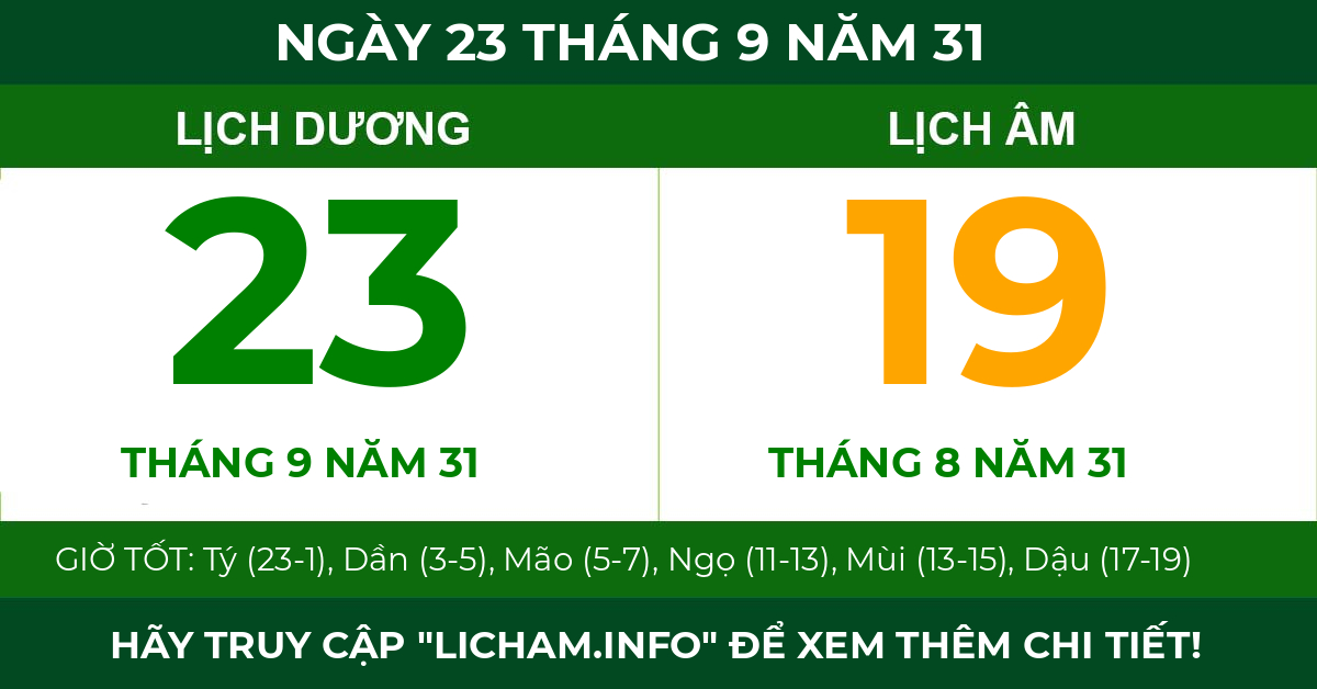 lịch âm ngày 23 tháng 9 năm 31