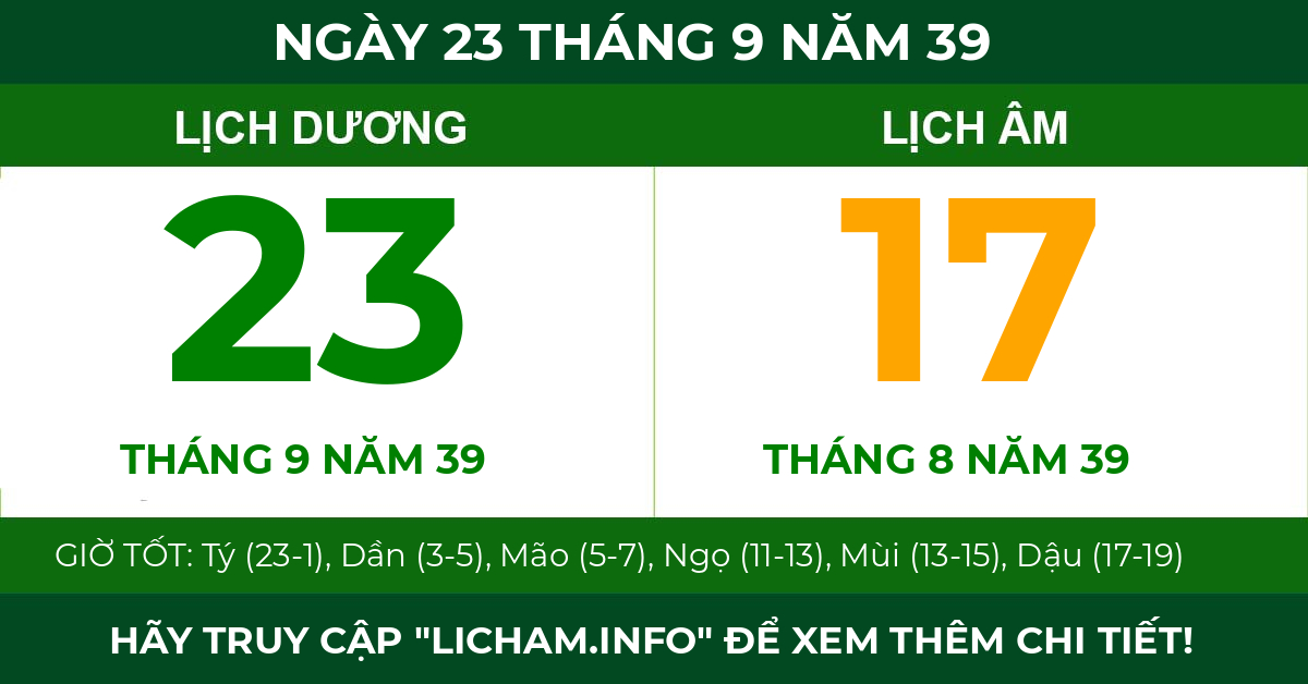 lịch âm ngày 23 tháng 9 năm 39