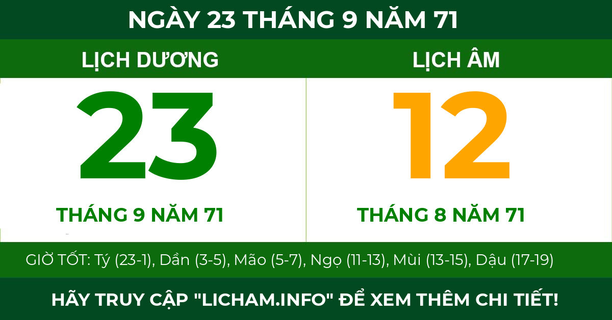 lịch âm ngày 23 tháng 9 năm 71