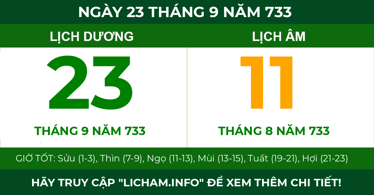 lịch âm ngày 23 tháng 9 năm 733