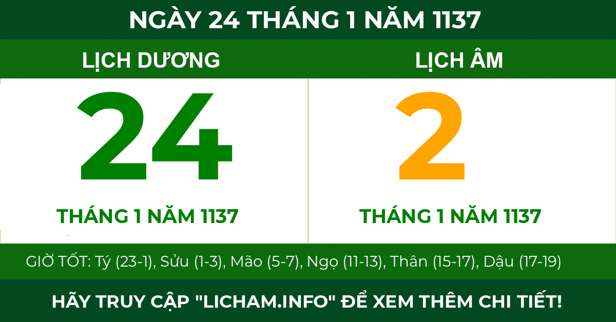 lịch âm ngày 24 tháng 1 năm 1137