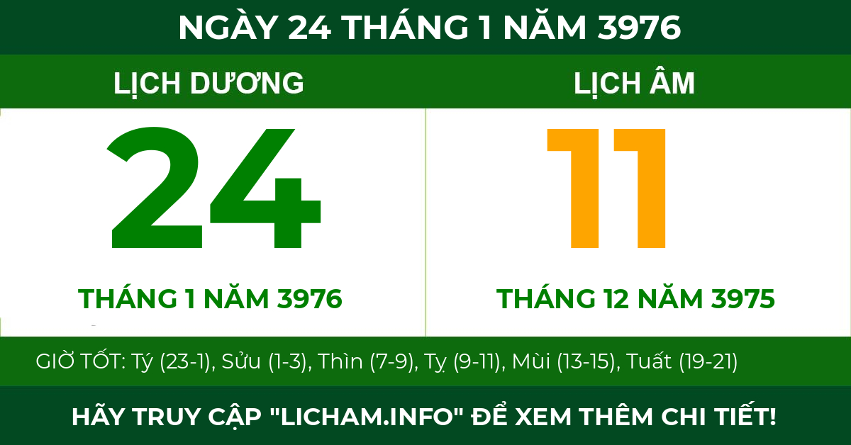 lịch âm ngày 24 tháng 1 năm 3976