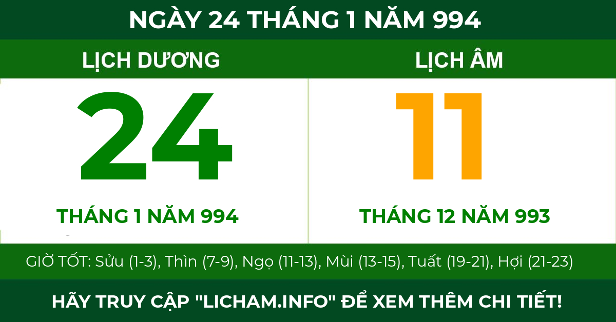 lịch âm ngày 24 tháng 1 năm 994