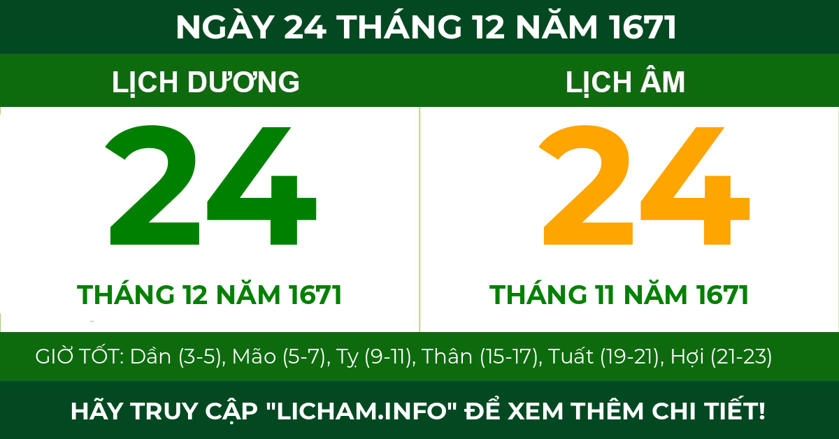 lịch âm ngày 24 tháng 12 năm 1671