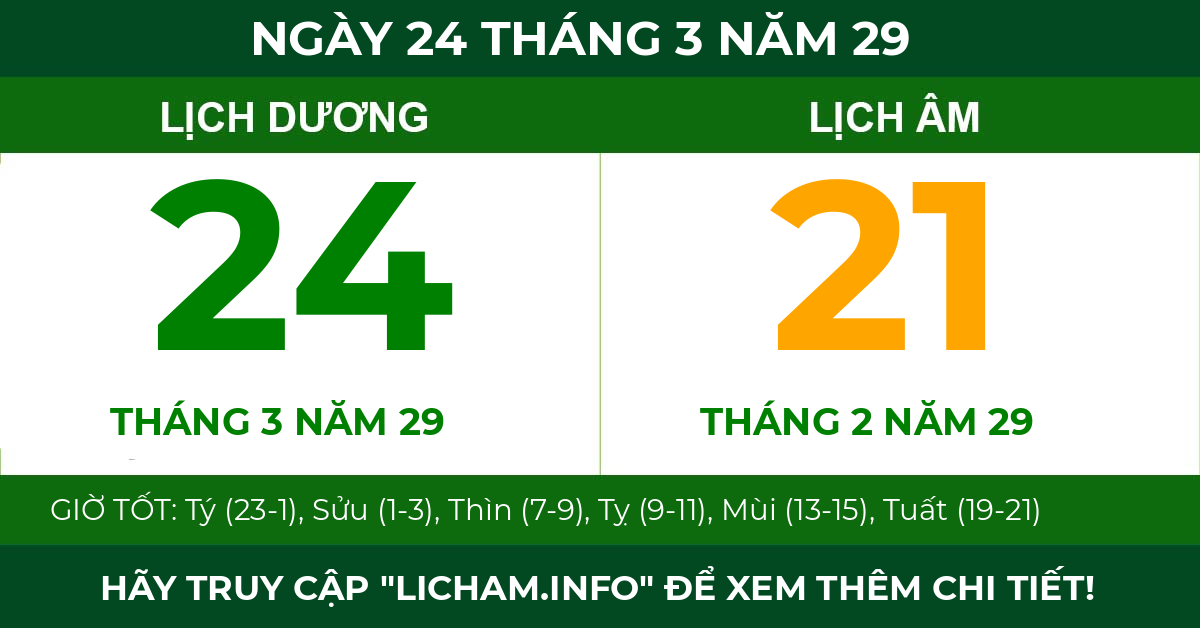 lịch âm ngày 24 tháng 3 năm 29