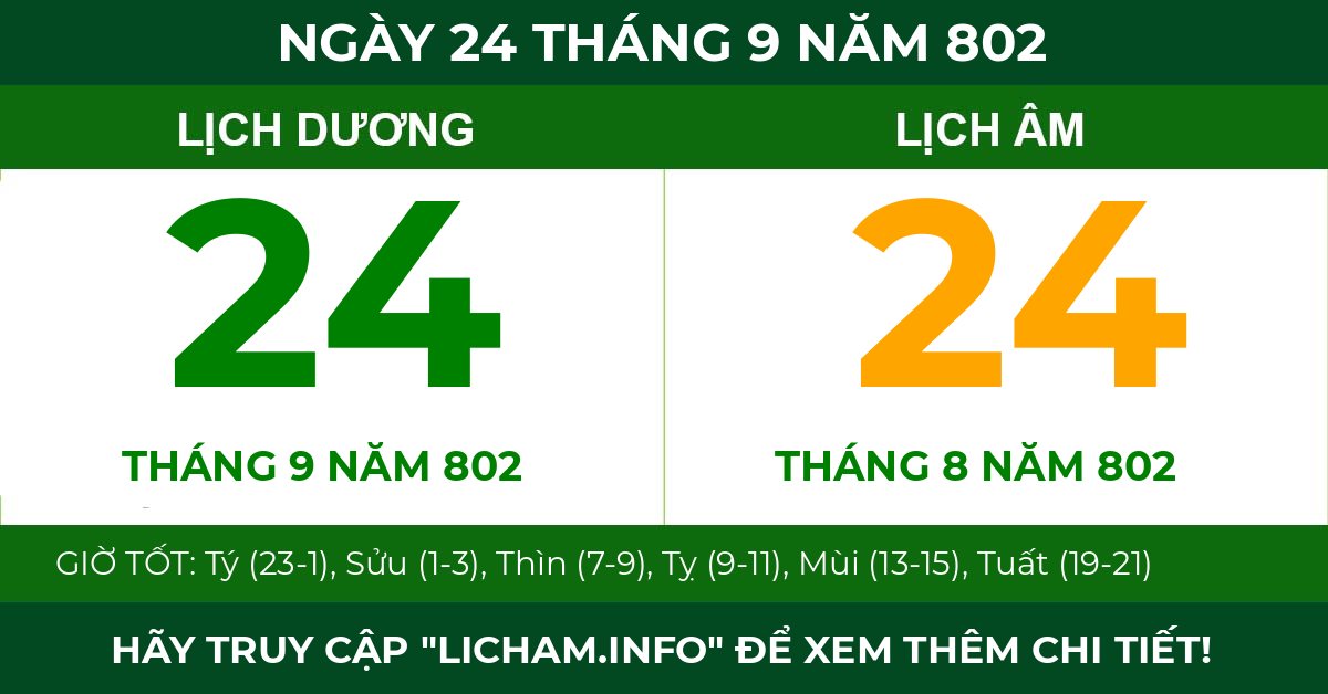 lịch âm ngày 24 tháng 9 năm 802