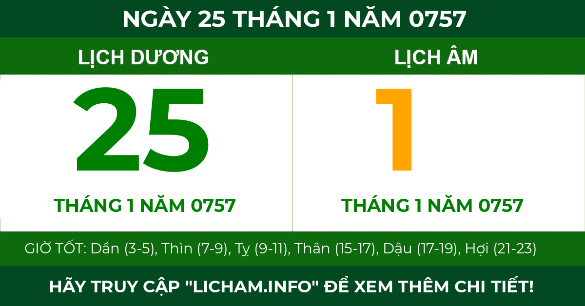 lịch âm ngày 25 tháng 1 năm 0757