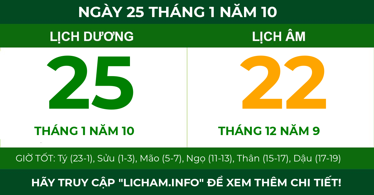 lịch âm ngày 25 tháng 1 năm 10