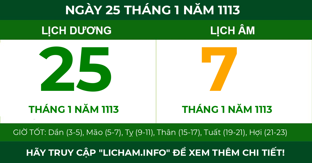 lịch âm ngày 25 tháng 1 năm 1113