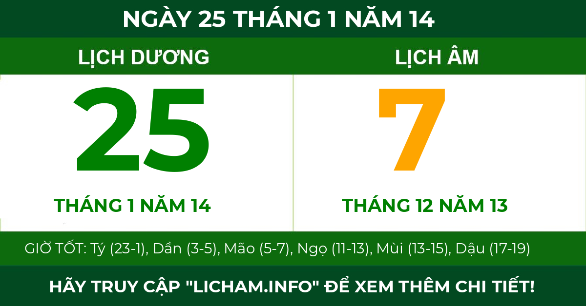lịch âm ngày 25 tháng 1 năm 14